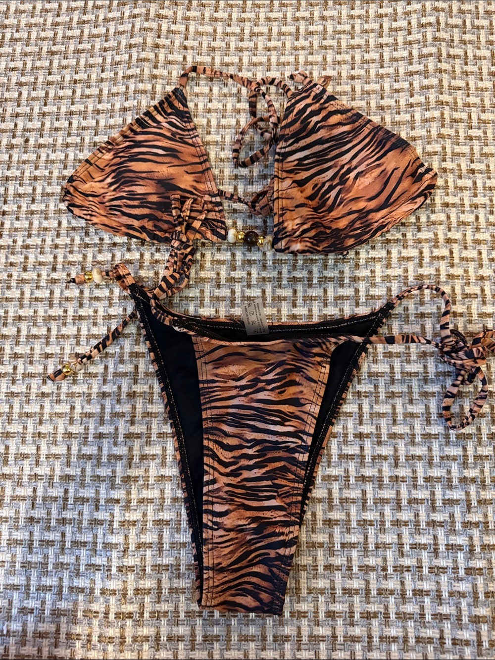Roseseek Tiger Print String Bikini Top & Bottom - Brown Black